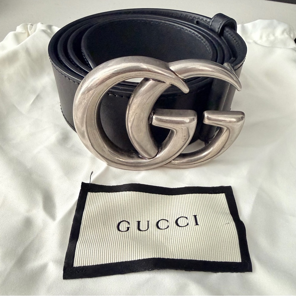 Gucci GG Marmont Leather Belt Black Silver Double G Buckle 90 1.5” Width